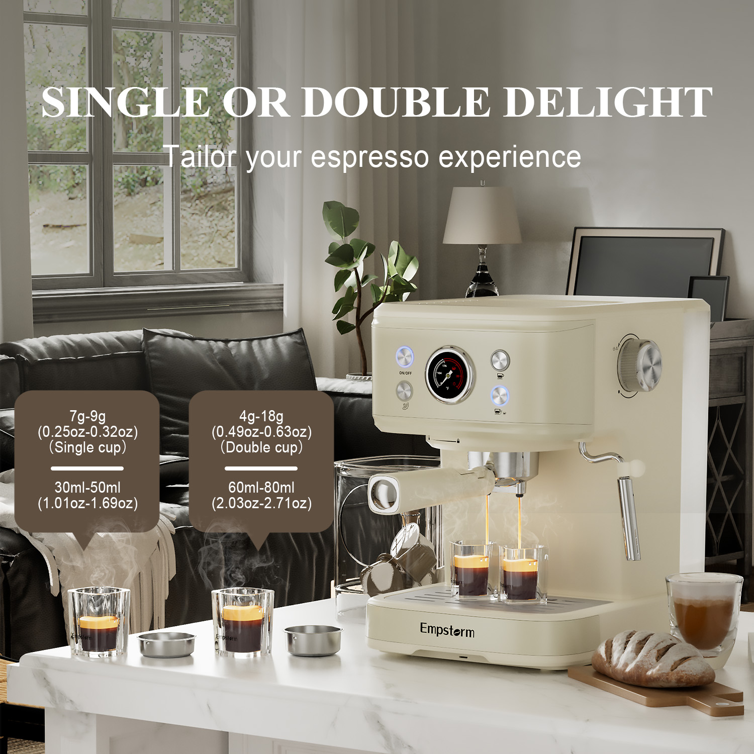 Empstorm 20 Bar Espresso Machine with Milk Frother Steam Wand, 3-in-1 Coffee Maker, Compatible with NS Pods, Stainless Steel, for Latte & Cappuccino, Beige