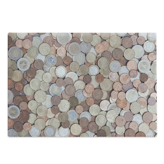 Money Cutting Board, Close up Photo of Coins European Union Euros Cents on Rustic Wooden Board, Decorative Tempered Glass Cutting and Serving Board, Large Size, Umber Grey Yellow, by Ambesonne