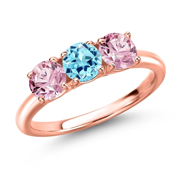 Gem Stone King 18K Rose Gold Plated Silver Blue Apatite and Pink Lab Grown Diamond Engagement Ring for Women | 1.50 Cttw | Round 5MM | Gemstone Birthstone | Size 5