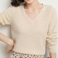 thumbnail image 5 of Women's Soft V Neck Long Sleeve Sweater Fall Casual Regular Fit, Basic Knit Pullover Top Beige M, 5 of 5