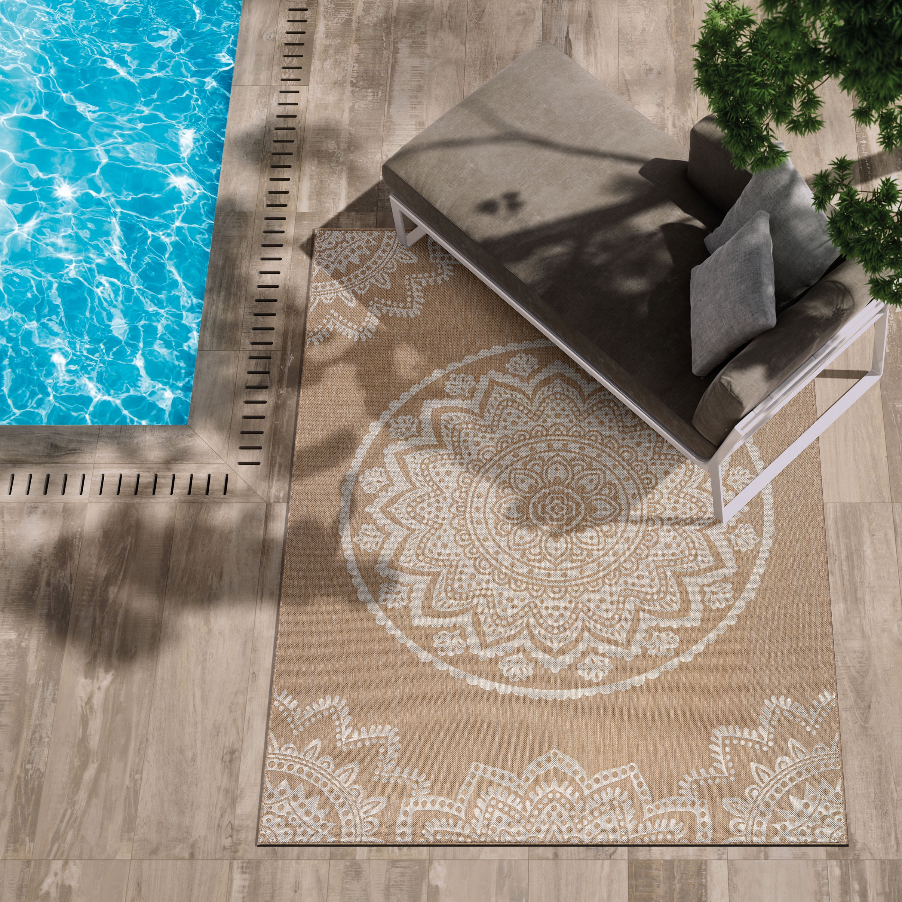 CAMILSON Indoor Outdoor Rug, 5' x 7' Beige Medallion Area Rugs