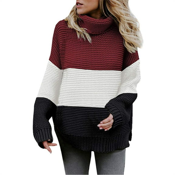 Herrnalise Women's Knitted Crop Tops Autumn And Winter Casual Turtleneck Pullover Blouse Knitting Long Sleeve Patchwork Tops Sweaters Pullover Jumper Sweaters