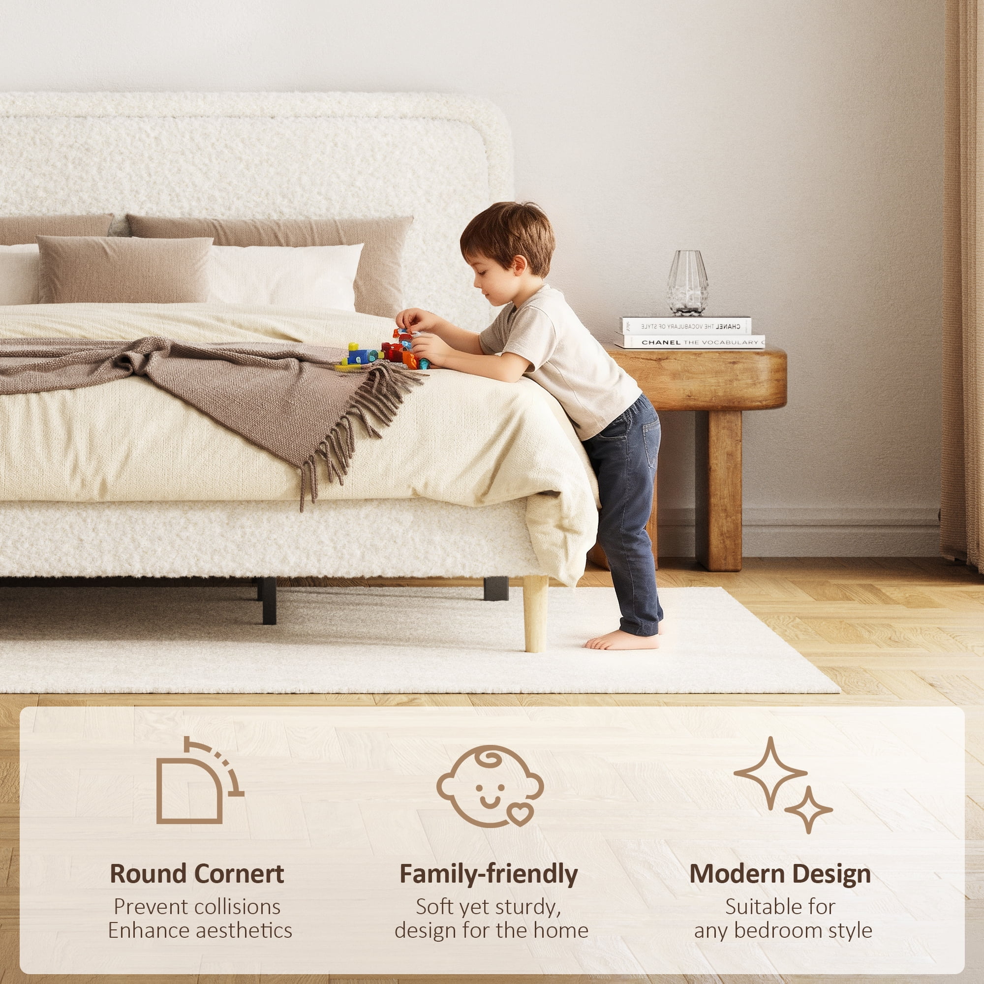 Leumius King Bed Frame,Upholstered Platform Bed Frame with Height-Adjustable Headboard,Sturdy Frame,Quiet Design,Easy to Assemble,Beige