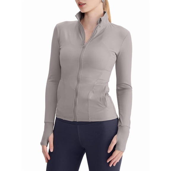 Women Full Zip Running Track Jacket Workout Slim Fit Yoga with Thumb Holes Raw Coconut Latte XL