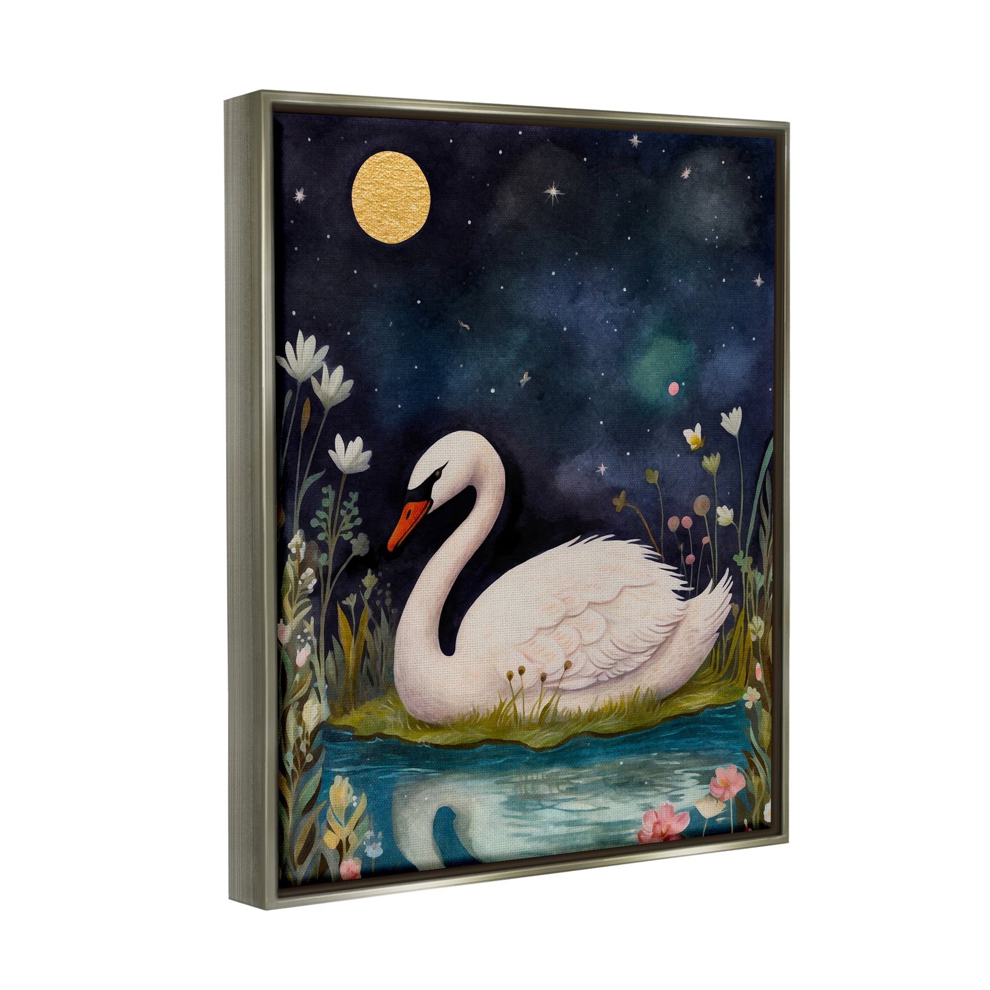 Stupell Industries Sleeping Swan Night Sky Animals & Insects Painting Gray Floater Framed Canvas Art Print Wall Art, 25 x 31