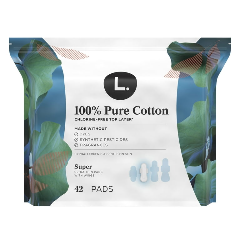 L. Ultra Thin Pads, Super Absorbency, 42 Ct, 100% Pure Cotton Top Layer