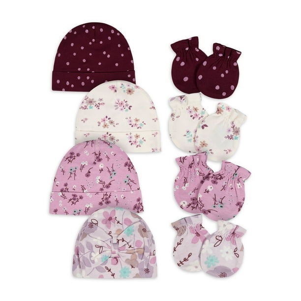 Gerber Baby Girl No Scratch Mittens & Caps Set, 8Piece (Newborn 0/3M