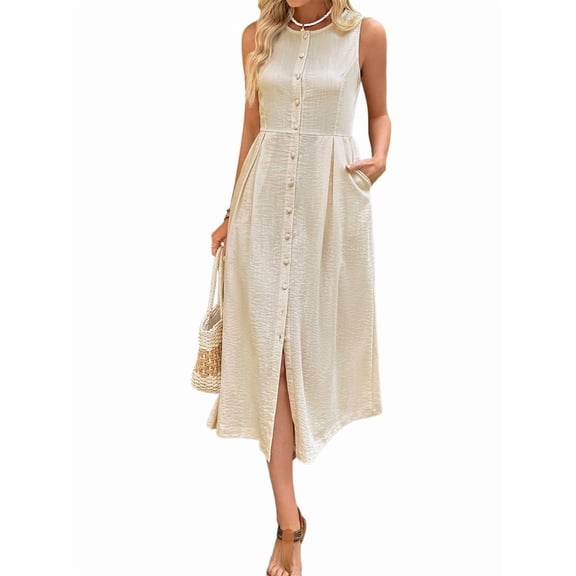 Women Linen Summer Button Down Midi Dresses Beige L