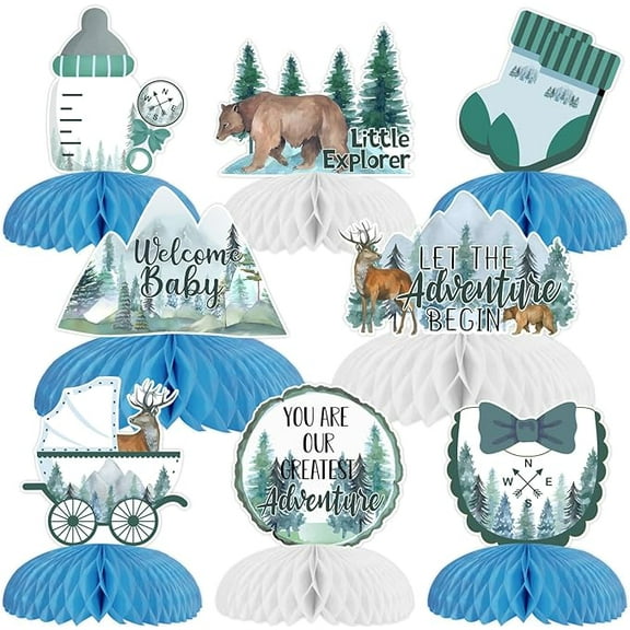 Let The Adventure Begin Baby Shower Decoration, 8pcs Woodland Baby Shower Honeycomb Centerpieces Adventure Awaits Party Table Toppers for Woodland Forest Mountain Baby Shower