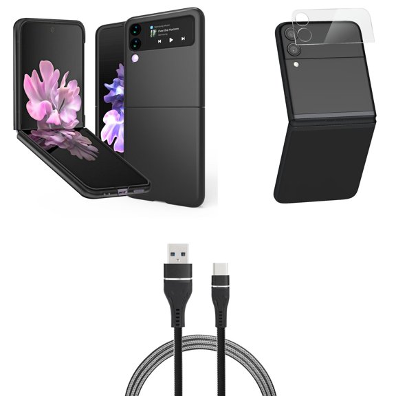 Bemz Premium Bundle for Samsung Galaxy Z Flip 3 5G: Slim Snap-On Protector Case (Black), Rear Camera Glass Protector, Nylon Braided USB-C to USB-A Cable (3 Feet)