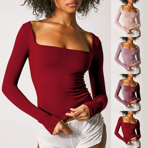 ATOYSOY Women's Slim Basic Cropped Tops Fashion Casual Cotton Shirts Solid Color Pullover Square Neck Sweatshirts Outwear Long Sleeve Tees Fall Winter Beige L