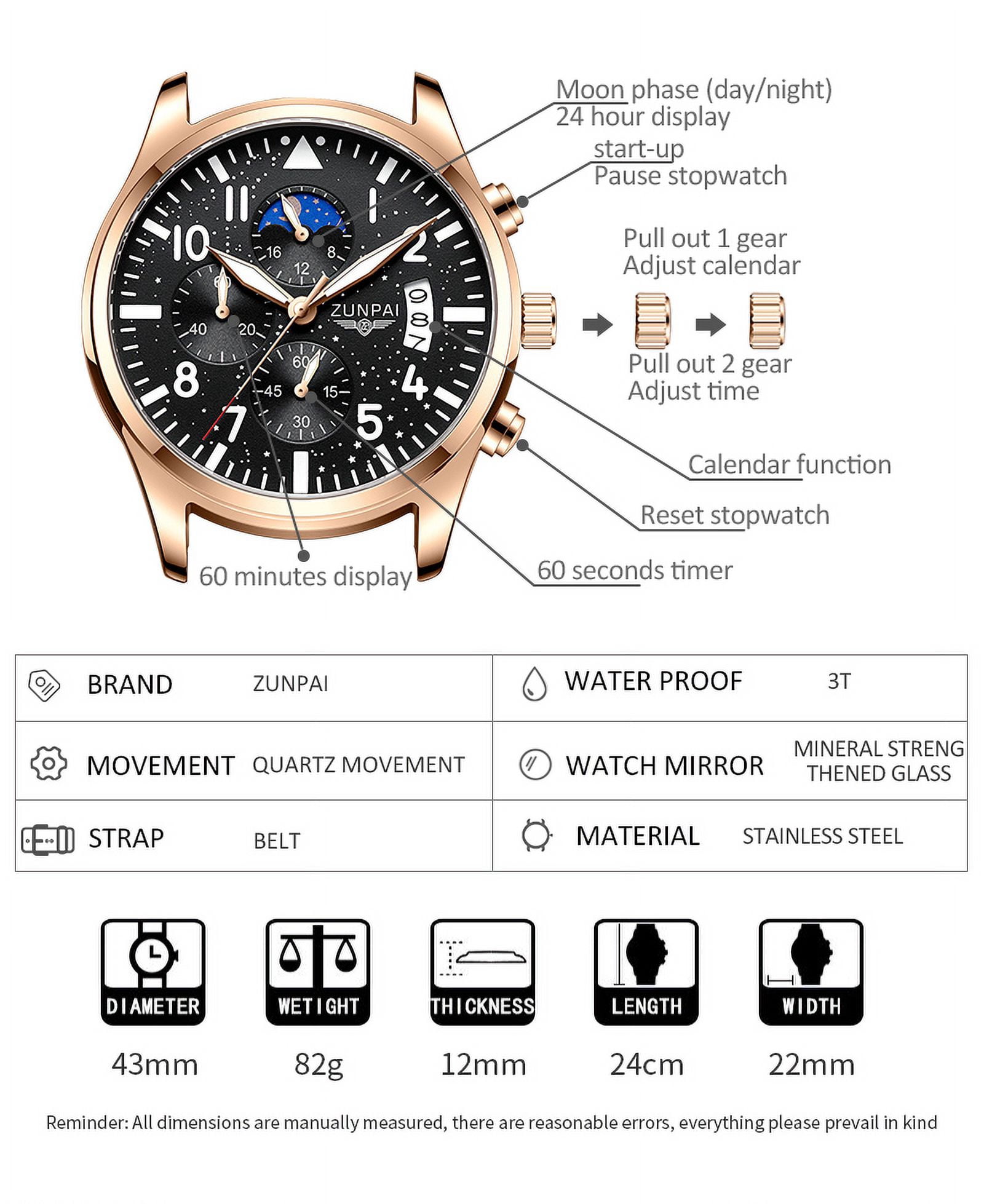 ZUNPAI Watches for men Chronograph Quartz Watch with Luminous Calendar Analog Dial Waterproof Leather Strap Sport Fashion Wristwatch