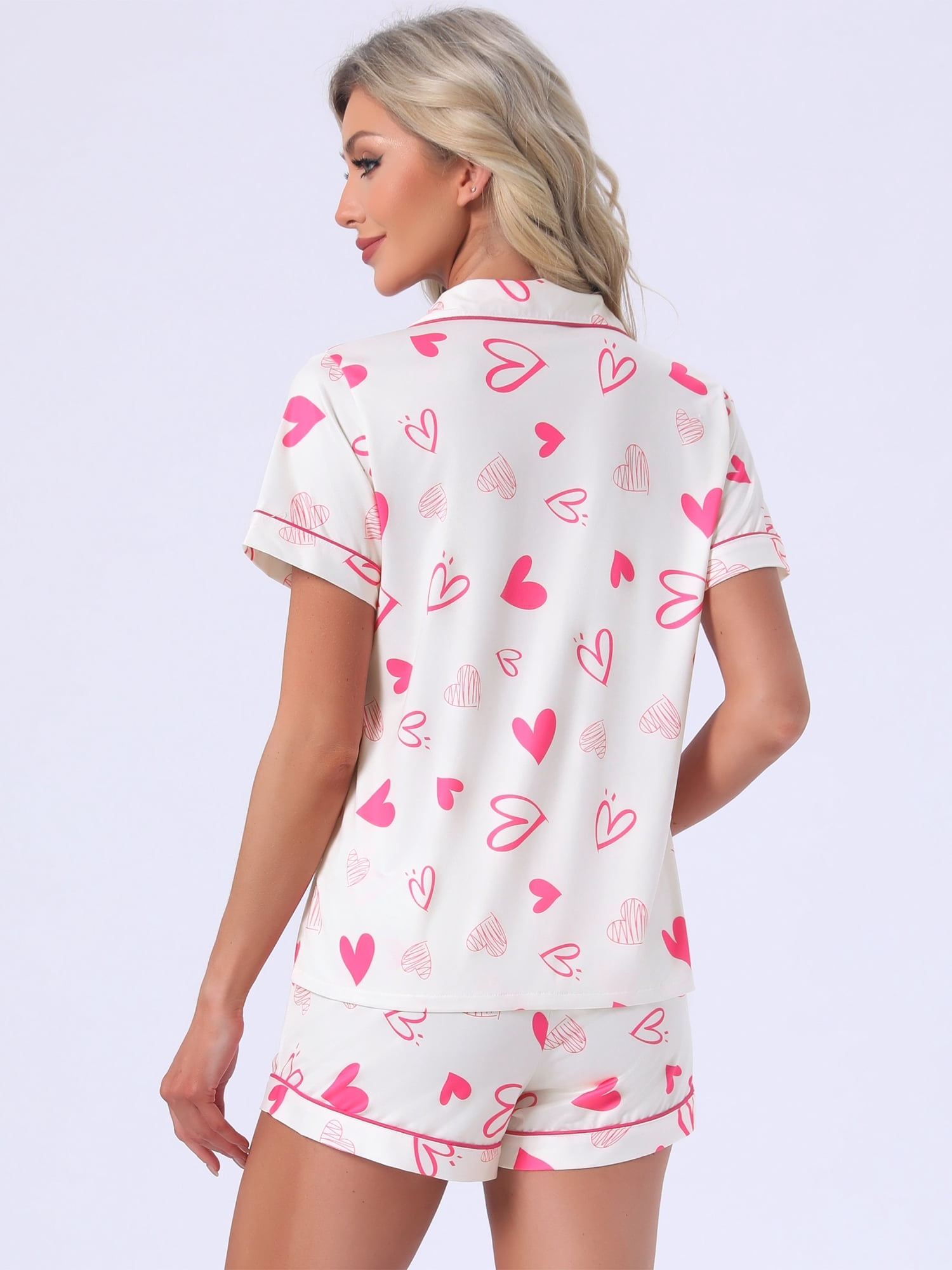 DARING DIVA Women's Pajama Sets Short Sleeves Bow Button Up Tops and Shorts XL Pink