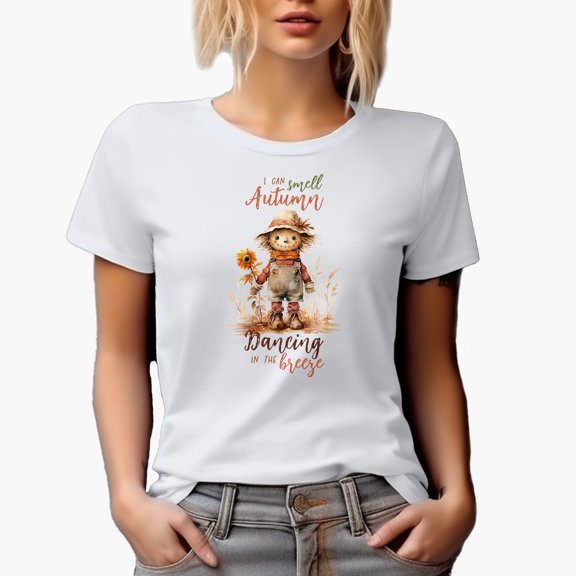 I Can Smell Autumn Dancing in the Breeze with Watercolor Scarecrow Art Merch Gift, White T-Shirt, Small