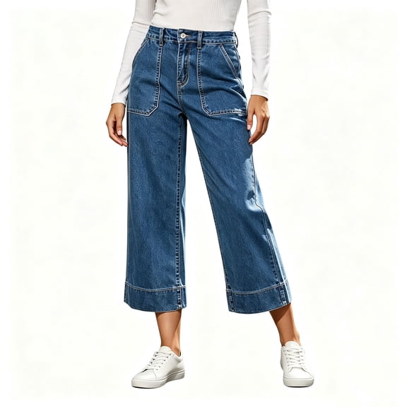 MYAOYI Womens High Rise Cropped Jeans Wide Leg Relaxed Fit Denim