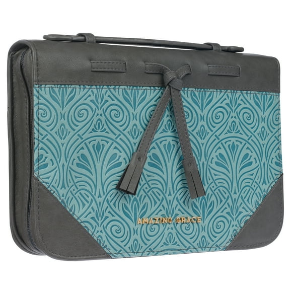 Christian Art Gifts Women's Fashion Bible Cover Amazing Grace, Turquoise/Gray Tassels Faux Leather, XL