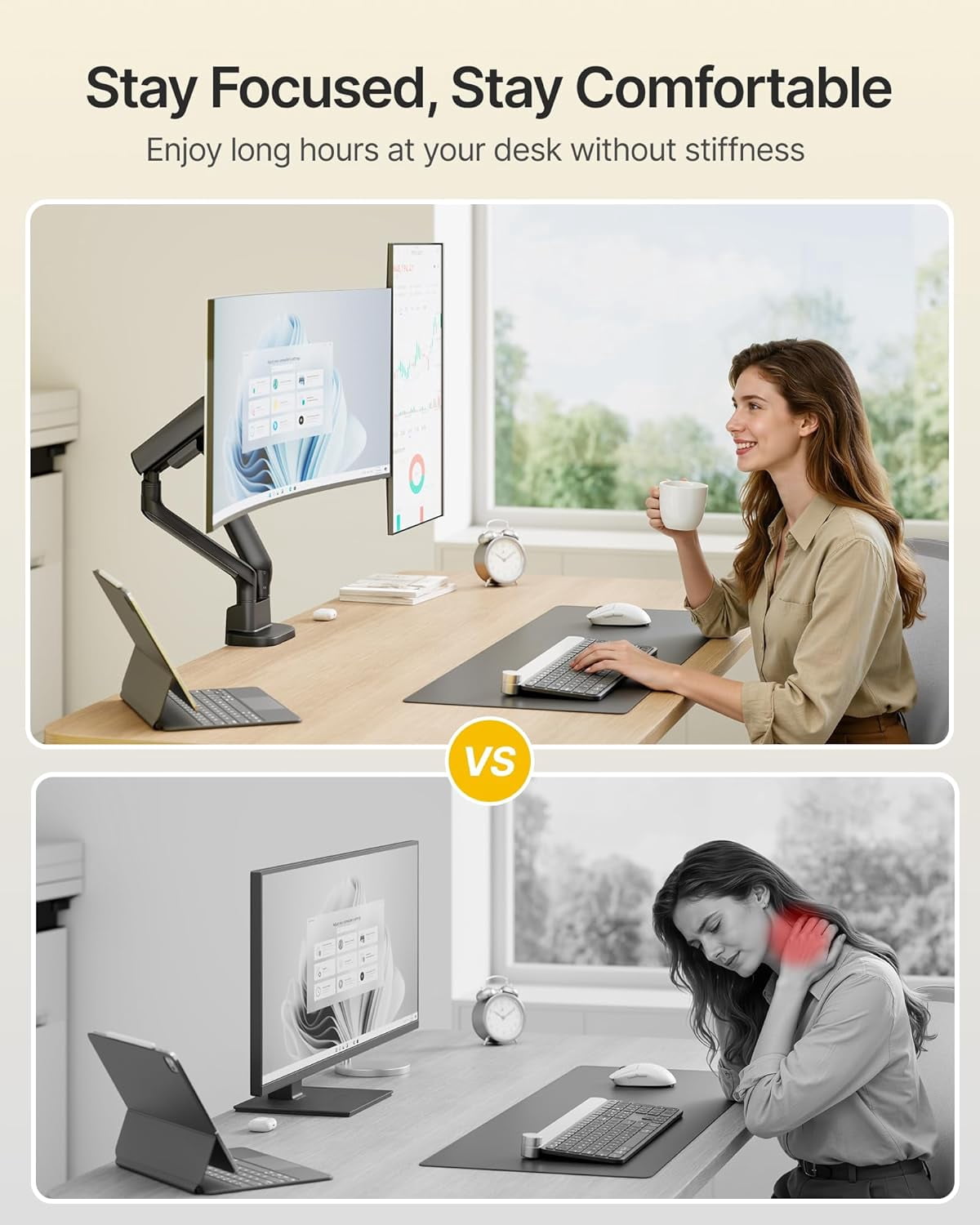 monTEK Dual Monitor Arm, Mechanical Spring Dual Monitor Mount for 17–35" Screens, Holds up to 26.4 lb per Arm, Full Motion Desk Stand with VESA 75x75/100x100, C-Clamp & Grommet