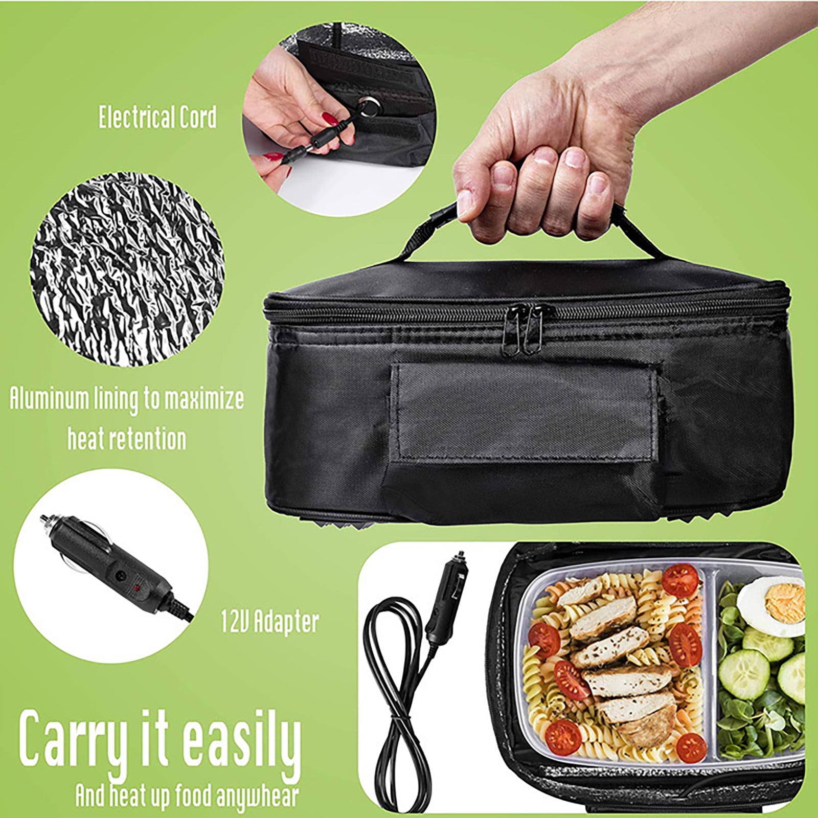 Dusknt 12V Heating Lunch Bag Portable Thermal Insulated Bag Aluminum Foil Food Warmer for Picnic Camping Travel Bento Storage