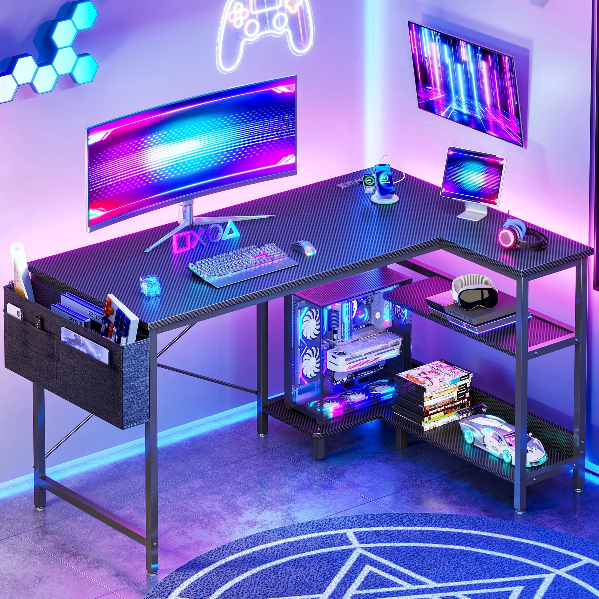 48 inch Large Office Desk with Storage Shelve, Gaming Table with Power Outletsfor Large Spaces, Black Carbon