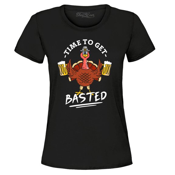 Shop4Ever Women's Time to Get Basted Thanksgiving Turkey Graphic T-Shirt X-Large Black