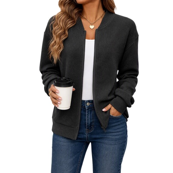 Women's Bomber Jacket Zip Up Knit Baseball Coat Long Sleeve Loose Fit Casual Jacket with Pockets Soft Stretchy Outerwear for Fall Spring Daily Wear