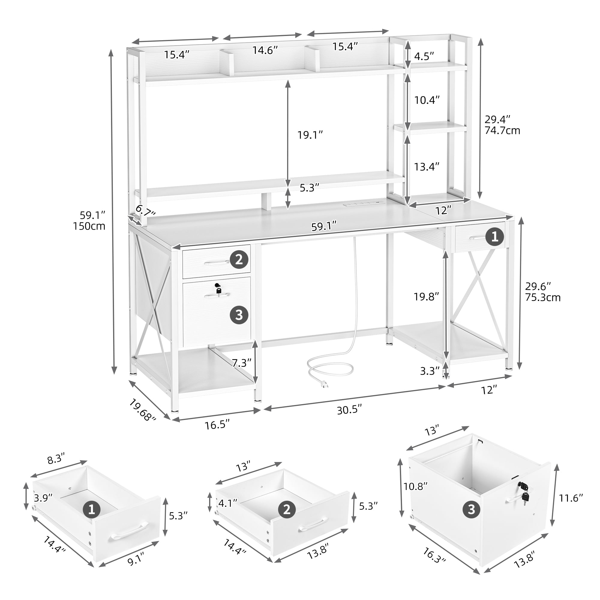 Uforic Computer Desk with Hutch& Led Light, Gaming Desk with Power Outlets, Home Office Desk, White
