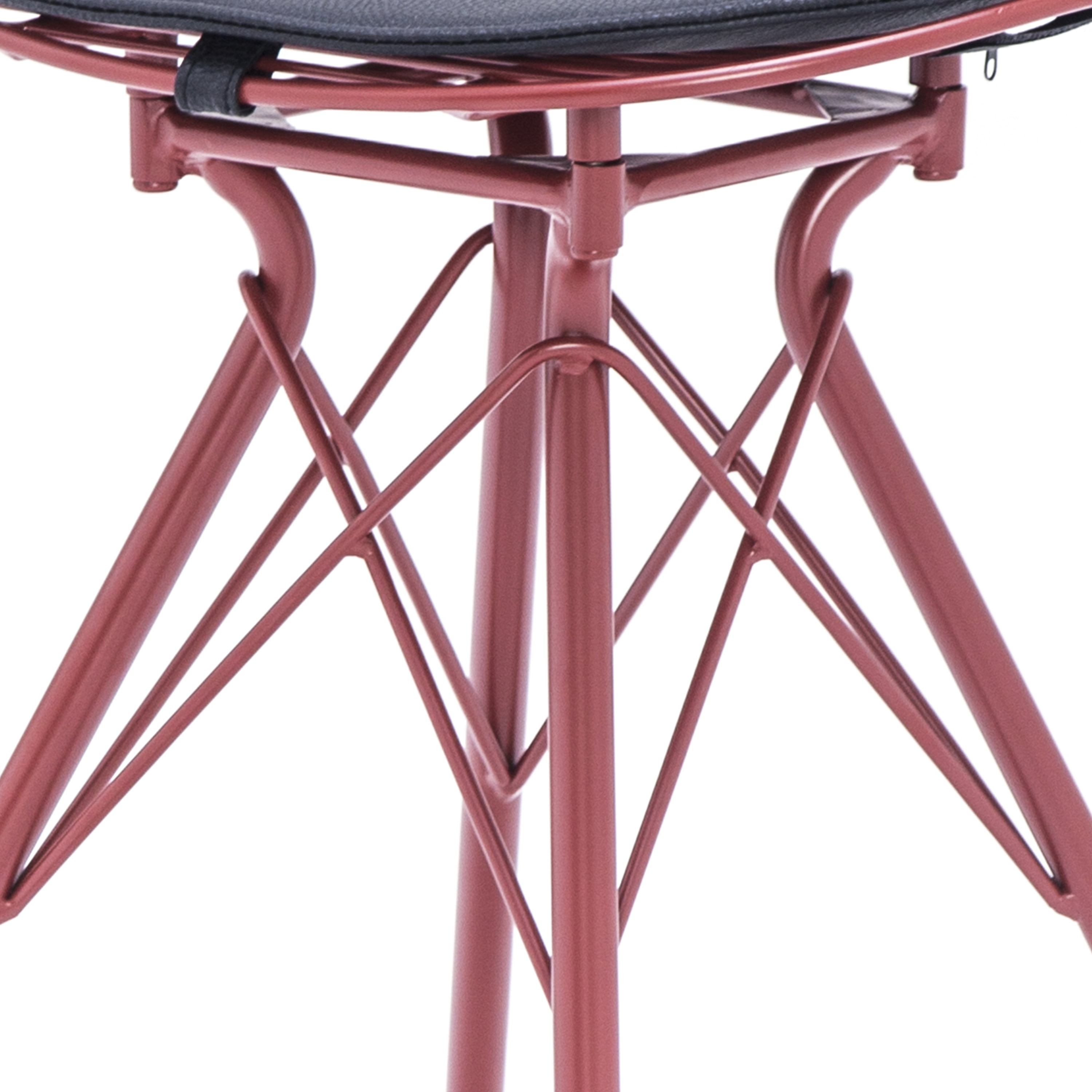 Industrial Metal Barstool with Faux Leather Seat Pad and Wood Accented Foot Rest, 24 Inch Seat Height, Dark Red, Set of 2