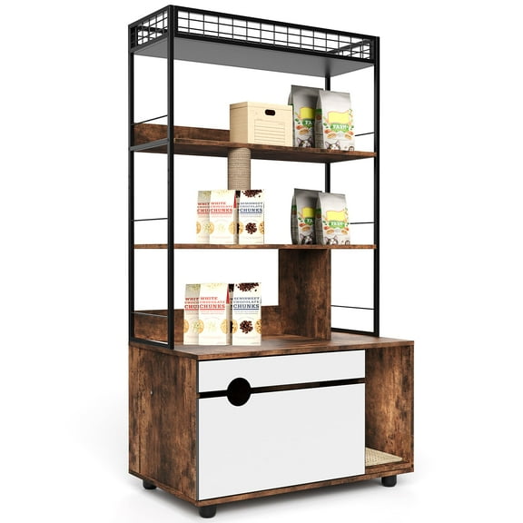 BouPower Cat Tree Cabinet, Cat Tower with 4-Tier Storage Rack, 2-in-1 Pet Litter Box Enclosure, with Shelves, Scratching Post & Cushioned Mat, for Scratching Post, Playhouse