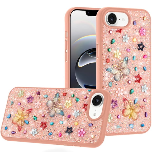 For iPhone 17E / 16E / SE4 Butterfly Ornaments Diamond Bling Glitter Hybrid Case - Light Pink