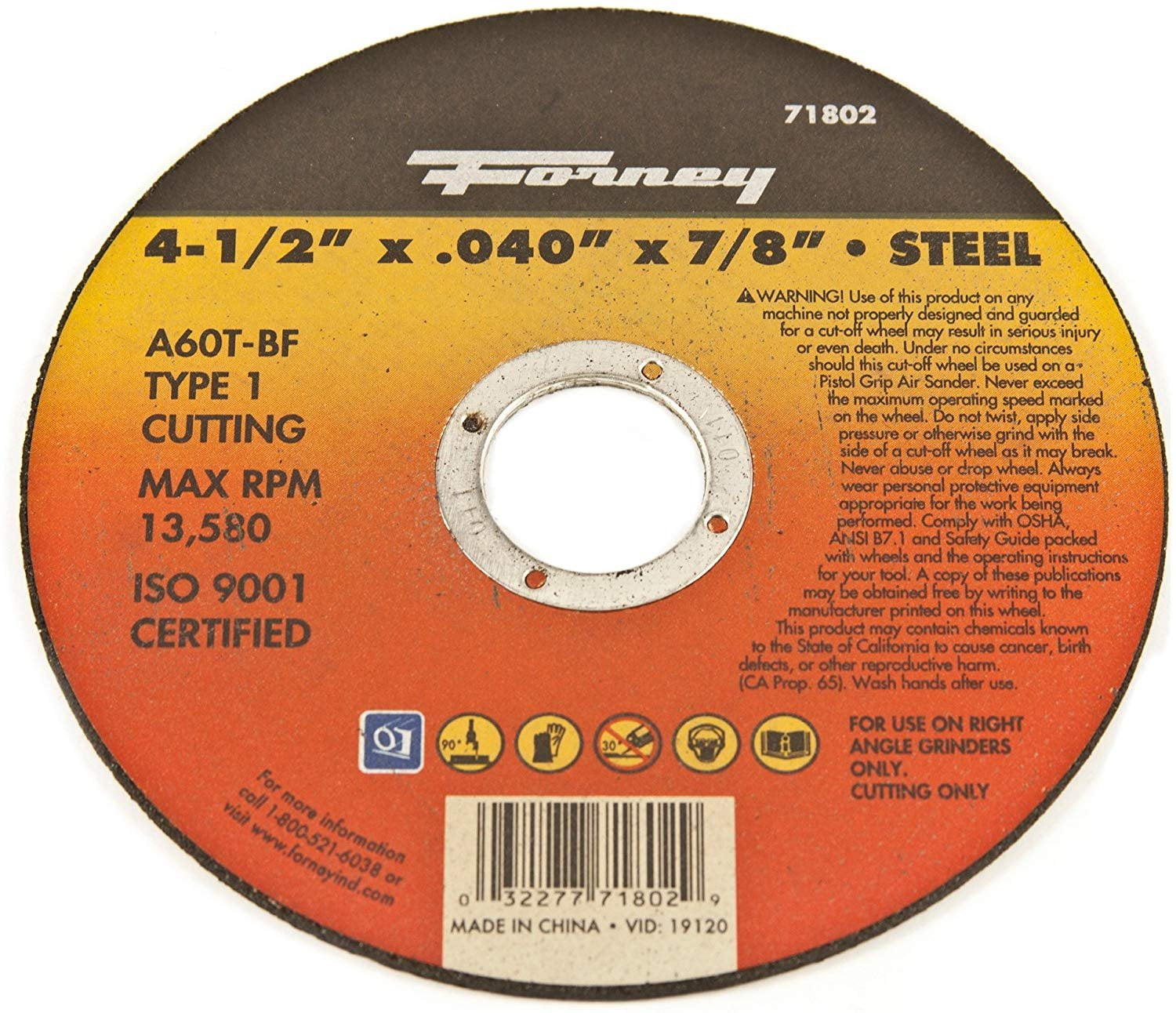 Forney 71802 CutOff Wheel with 7/8Inch Arbor, Metal Type 1, A60TBF