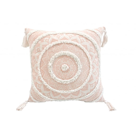 18" X 18" Peach And White Geometric Zippered Polyester And Cotton Blend Throw Pillow With Tassels