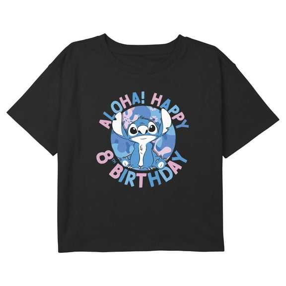 Girl's Lilo & Stitch Happy 8th Birthday Aloha Graphic Cropped T-Shirt Black Small