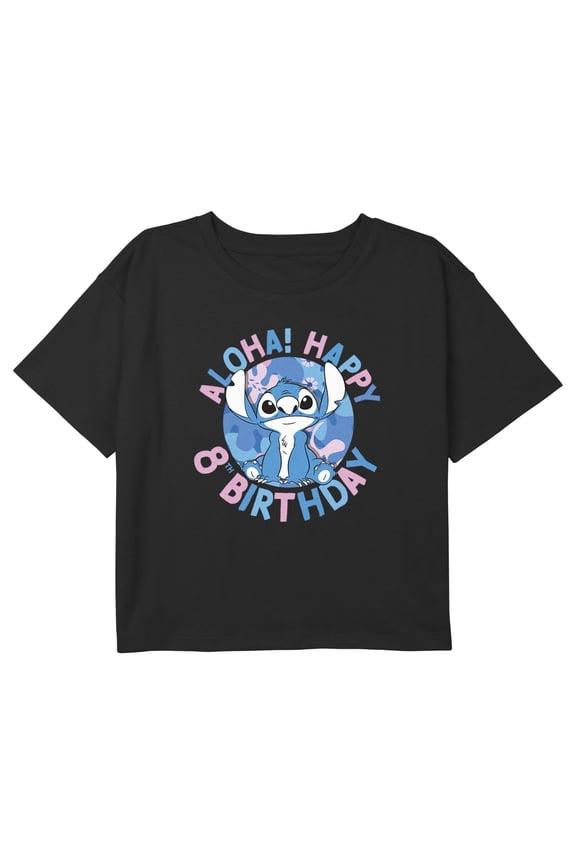 Girl's Lilo & Stitch Happy 8th Birthday Aloha Graphic Cropped T-Shirt Black Large