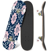 31'' Complete Skateboard 7 Layer Canadian Maple Double Kick Deck Skateboards repeat flowers blue pastel pink white Hand drawn fabric gift Skate Board for Beginner Adult Gifts