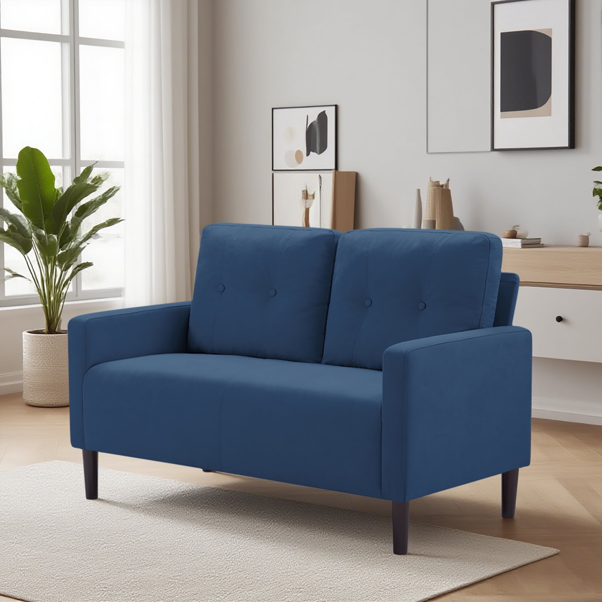 BSHTI Modern Standard Loveseat Couch,with Removable Back Cushions,Sturdy Construction,Linen Blend Upholstery,Square Arm,Navy Blue