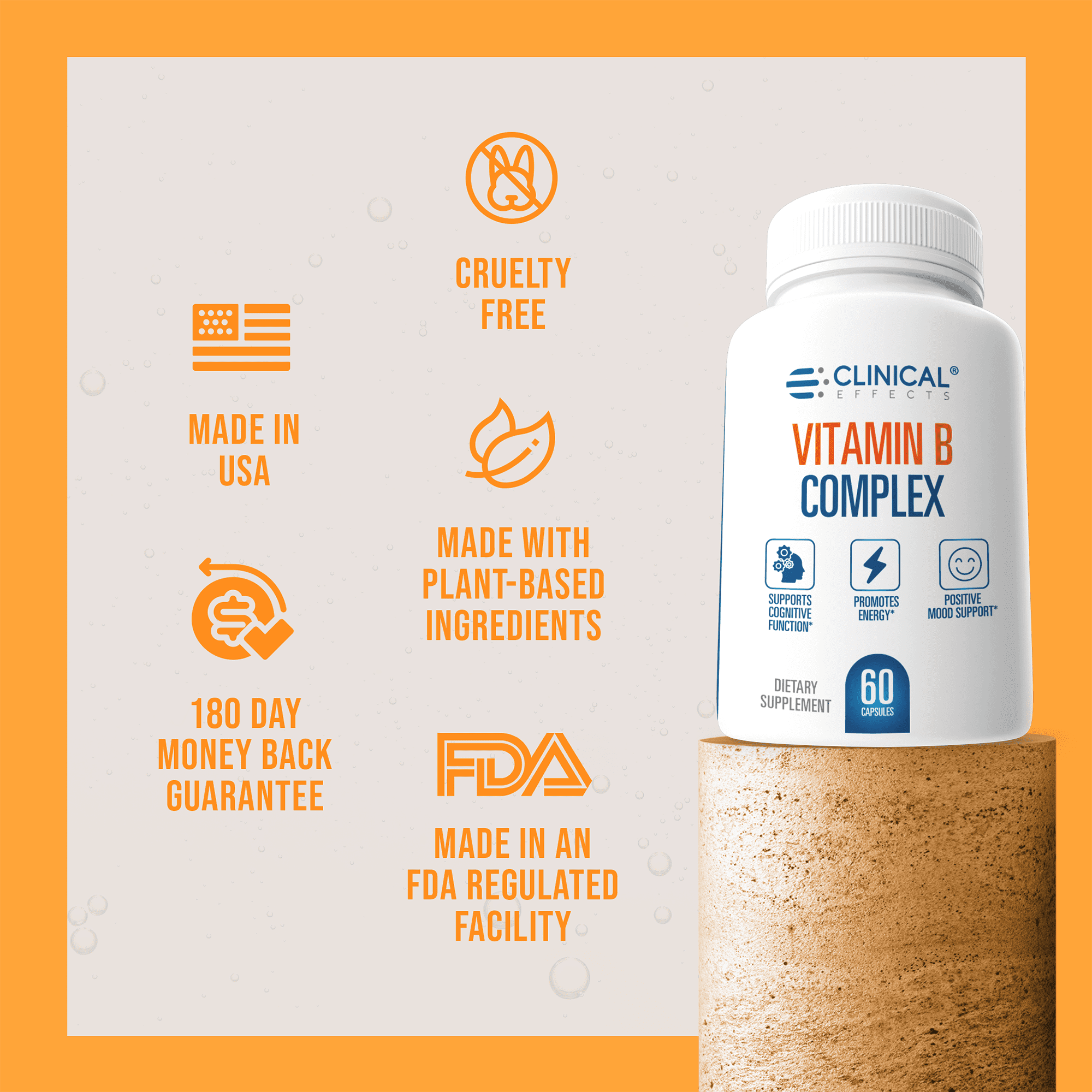 Clinical Effects Vitamin B Complex for Cognitive,  Energy and Mood Support - 60 Capsules - Made in The USA
