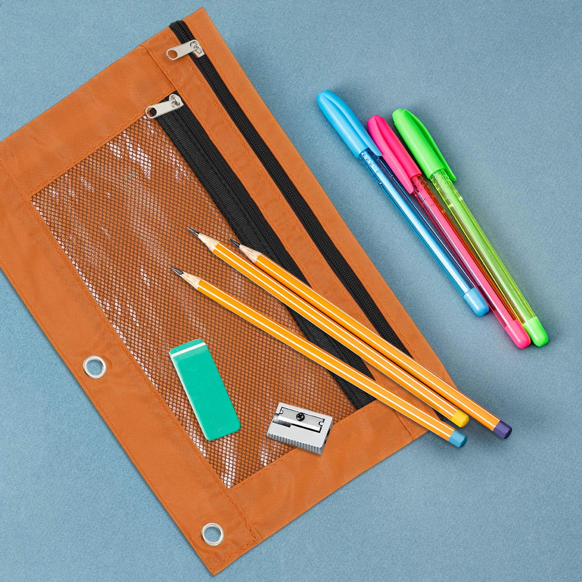 Unique Bargains Smooth Zipper Clear Mesh Double Layer Pencil Case for 3 Ring Binder Orange