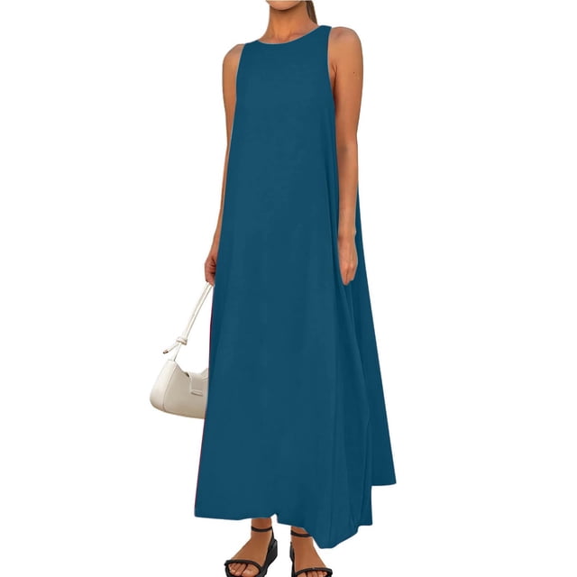 Liquidation d'Été 2025! Robe Grande Taille pour Femmes, Liquidation d'Été pour Femmes, Mode Robe d'Été Décontractée Sans Manches à Col Rond Unie pour la Plage Robe Boho