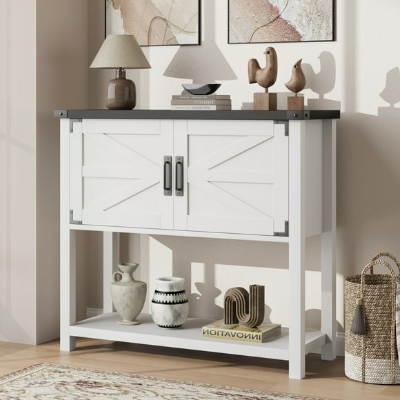 Mueble Bar de Café Estilo Granja con Puerta Doble, Mueble Buffet con 2 Gabinetes de Almacenamiento y Estante Abierto, Mesa de Entrada con Consola para Sala de Estar, Pasillo