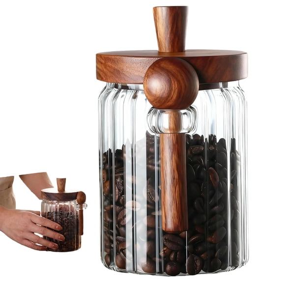 Coffee Canister, Coffee Container with Wooden Spoon and Lid, Ribbed Design, Airtight Storage Jar for Coffee Beans/Coffee Grounds/Sugar/Salt/Loose Leaf Tea, 20 Oz