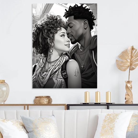 Designart "Illustrated African American Couple" People Canvas Wall Art - Traditional Grey Romantic Portrait Bedroom Canvas Wall Art