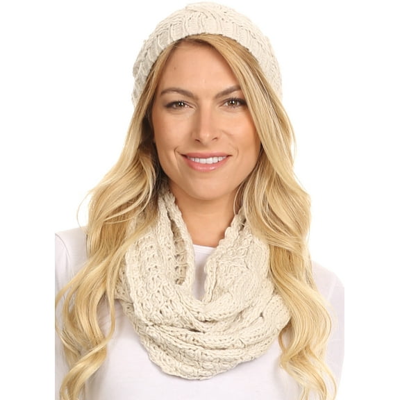 Sakkas Haile Metallic Threaded Woven Classic Hat Beanie And Infinity Scarf Set - Beige - OS