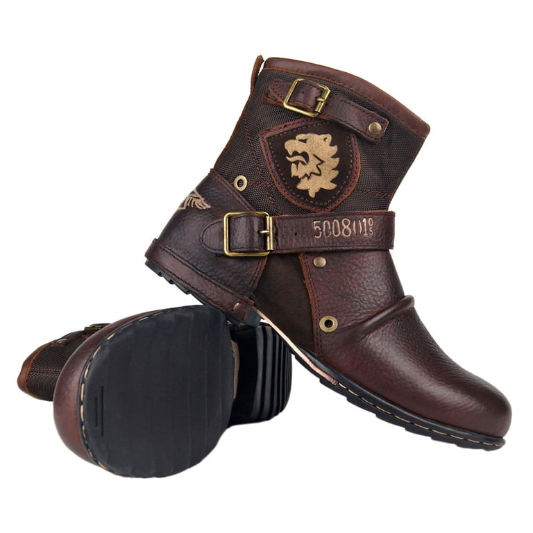 Size 11.5 Osstone Brown Mens Leather Round Toe Ankle Moto Chukka Boots 5008-1 Amazon.com: OSSTONE Moto Boots for Men Fashion Zipper-up  main image 2