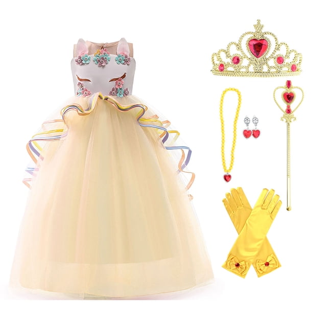 Robe de Princesse de Fête Licorne pour Fille, Tulle Arc-en-Ciel, Longue, Robe de Mariée, Vêtements d'Anniversaire pour Enfants avec Accessoires
