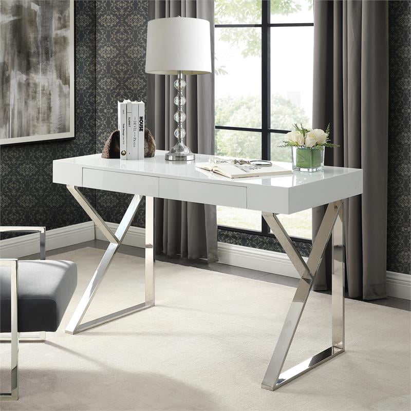 Posh Dianna 2Drawer Writing Desk with Stainless Steel Legs in White