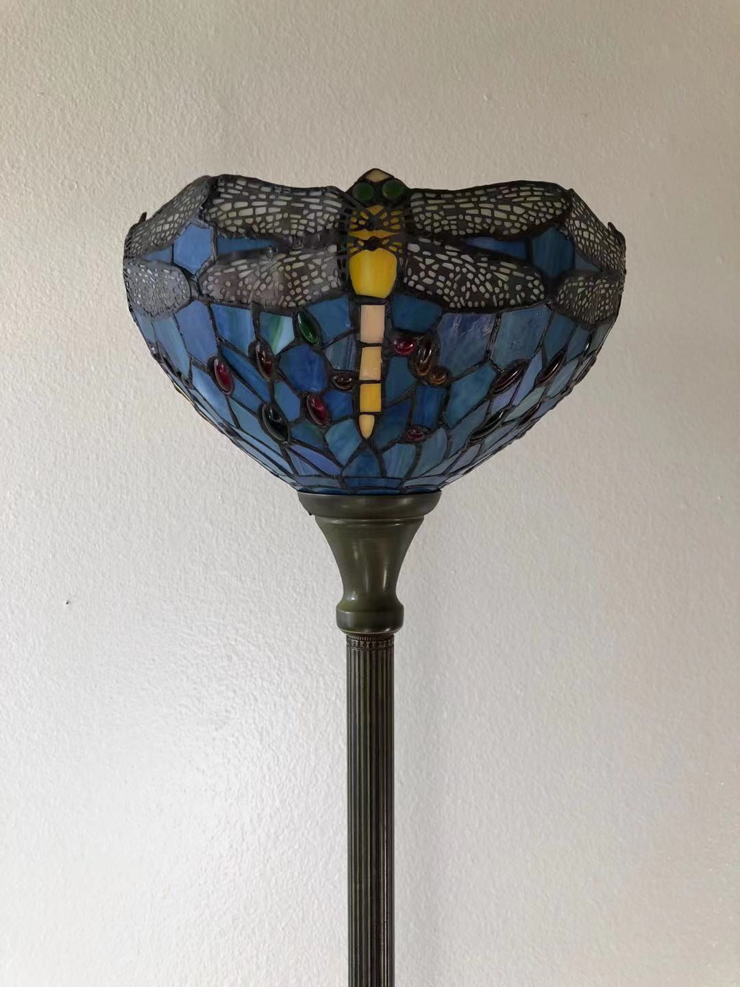 Tiffany Torch Floor Lamp Blue Stained Glass  Dragonfly LED Bulb Included For Living Room Bedroom 12"W*12"D*66"H