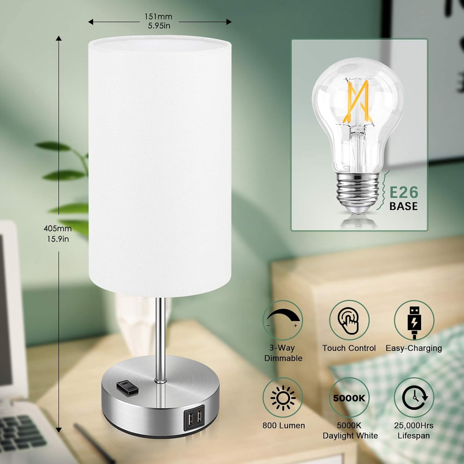 Nordic Hygge Set of 2 Touch Control Dimmable Table Lamps with 2 USB Charging Ports&AC Outlet