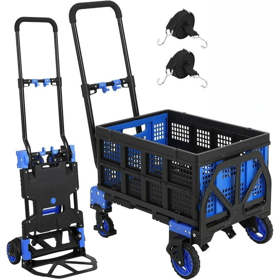 2-in-1 Folding Hand Truck Dolly with Foldable Basket, Heavy Duty Dolly Cart with Rubber Wheels, 330 LBS Capacity Convertible Handcart with Retractable Handle,Portable Dolly For Luggage/Travel/Office