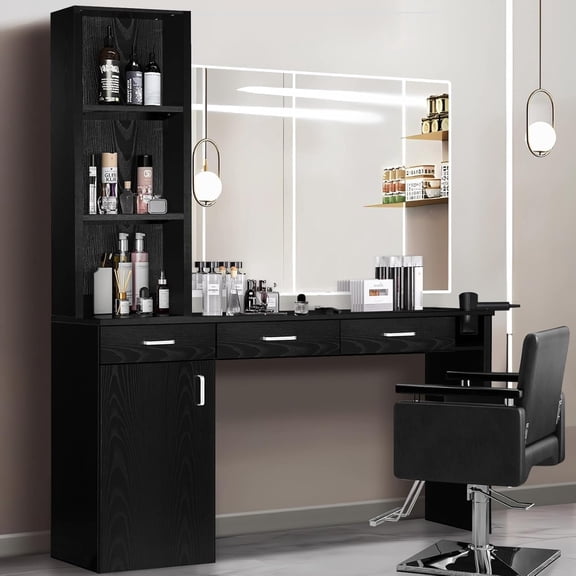 70" Black Wall Mount Salon Tall Cabinet for Hair Stylist – Barber Station Organizer with 3 Quiet Drawers, Dryer Holder & Storage, Mirror Not Included, Ideal for Beauty Spa Salons