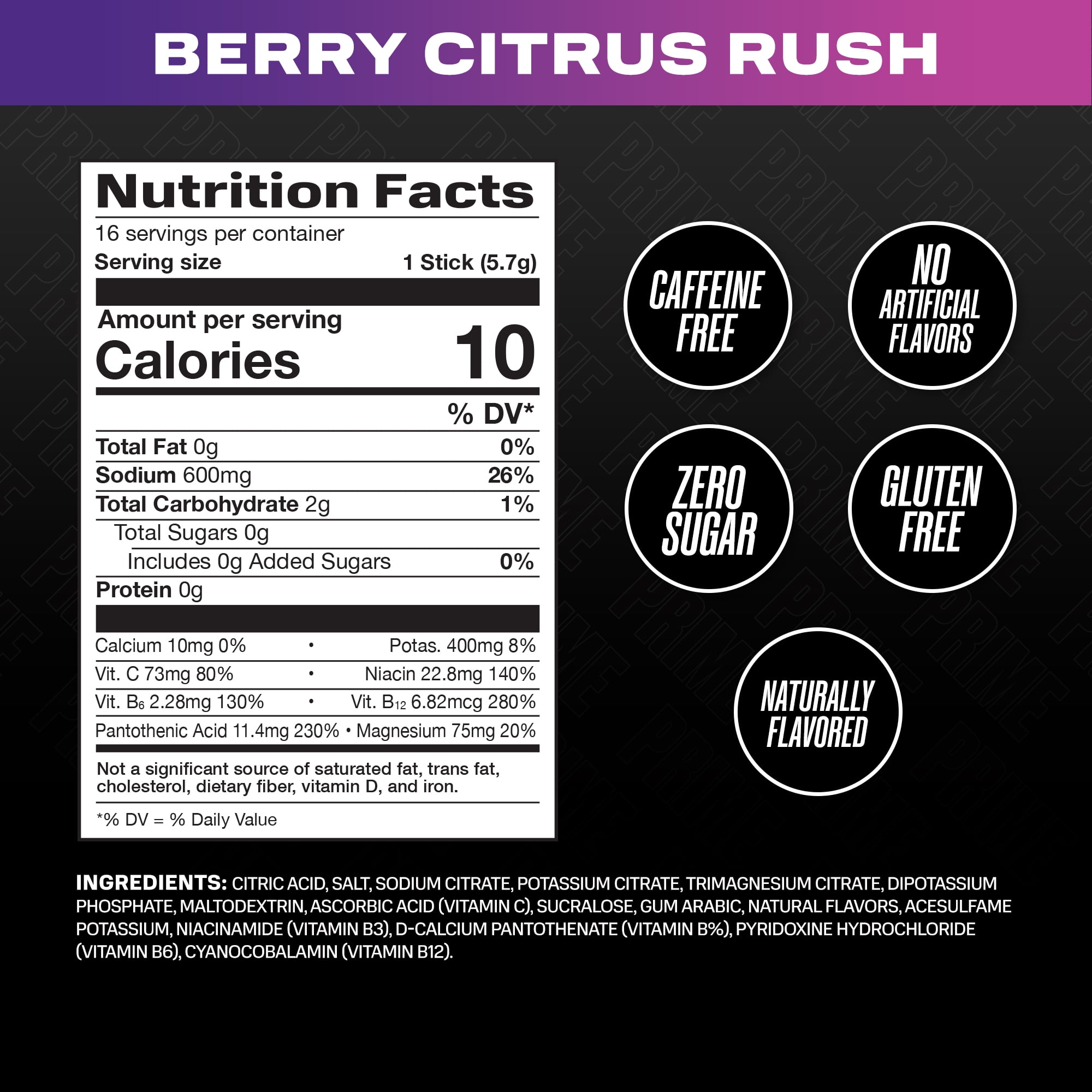 Prime Rapid Rehydration Sticks, Berry Citrus Rush, 16ct, Bag